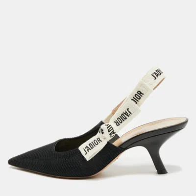 Pre-owned Dior J'a Size 37.5 Black/white Fabric Slingback Pumps