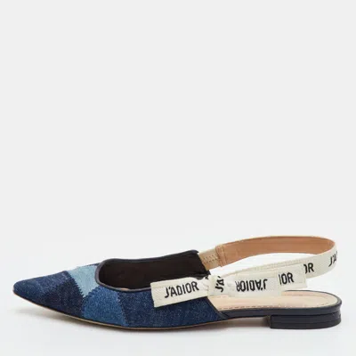 Pre-owned Dior J'a Size 37.5 Navy Blue Denim Patchwork Slingback Flats