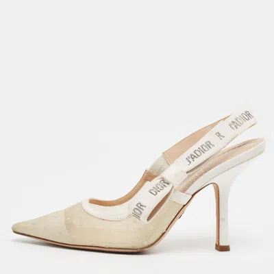 Pre-owned Dior J'a Size 37.5 White/beige Canvas And Net Slingback Pumps
