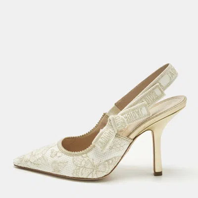 Pre-owned Dior J'a Size 39 White/gold Canvas Butterfly Embroidered Slingback Pumps