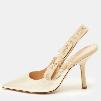 Pre-owned Dior J'a Size 39.5 Gold Leather And Canvas Slingback Pumps