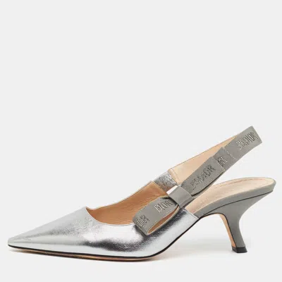 Pre-owned Dior J'a Size 39.5 Silver Fabric And Leather Slingback Pumps