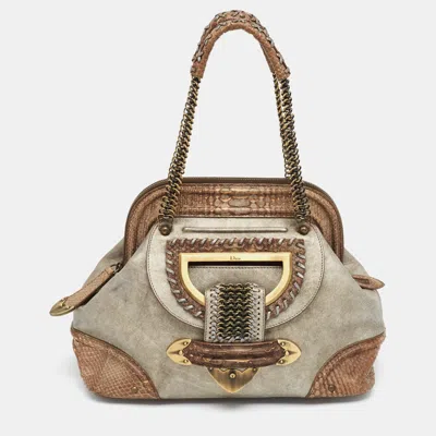 Pre-owned Dior Jeanne Limited Edition 040 Grey/beige Python And Leather Frame Satchel In Gray