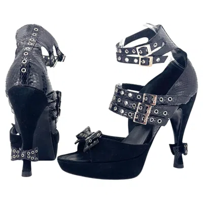 Pre-owned Dior John Galliano A/w 2003 Bondage Bow Snakeskin High Heel Sandals 39 In Black