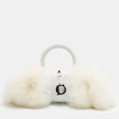 Pre-owned Dior Karenina Frame White Fox Fur And Leather Top Handle Bag