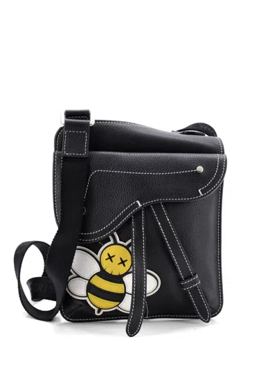 Pre-owned Dior Kaws Saddle Flat Messenger Bag Leather With Applique Crossbody Bag In Black