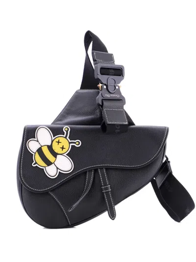 Pre-owned Dior Kaws Saddle Leather With Applique Crossbody Bag In Black