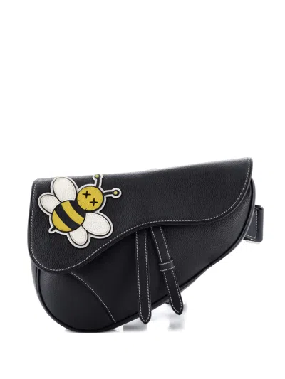 Pre-owned Dior Kaws Saddle Leather With Applique Crossbody Bag In Black