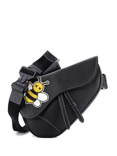 Pre-owned Dior Kaws Saddle Leather With Applique Crossbody Bag In Black