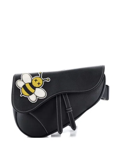 Pre-owned Dior Kaws Saddle Leather With Applique Crossbody Bag In Black