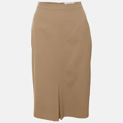 Pre-owned Dior Khaki Wool Blend Midi Skirt M In Brown