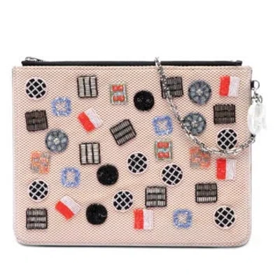 Pre-owned Dior Kid Mohair Technical Fabric Mesh Embroidered Flat Stardust Pouch With Chain In White
