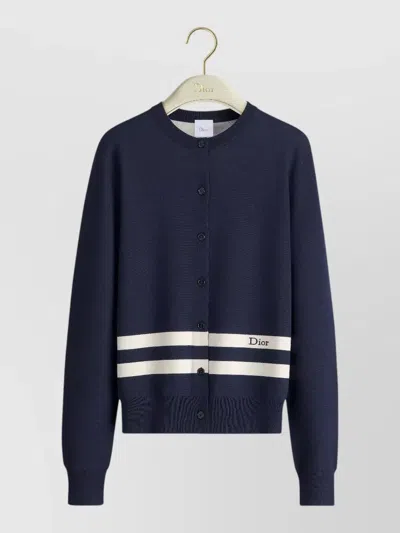 Dior Knit Cardigan Striped Pattern Ribbed Cuffs Hem In Blue