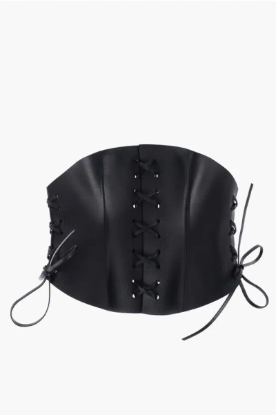 Dior Lace-up Leather Corset Belt With Double Golden Buckle 260mm In Black