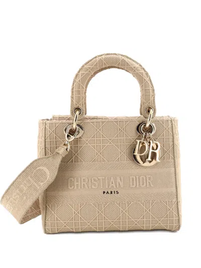 Pre-owned Dior Lady D-lite Bag Cannage Embroidered Canvas Medium Satchel In Neutral