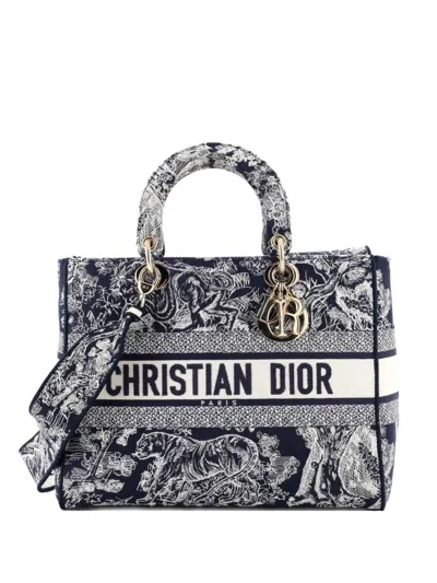 Pre-owned Dior Lady D-lite Bag Embroidered Canvas Large Tote Bag In Blue