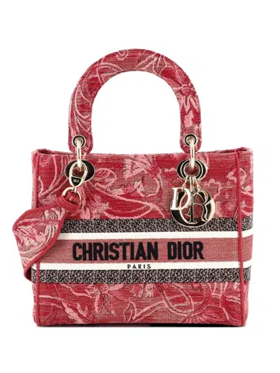 Pre-owned Dior Lady D-lite Bag Embroidered Canvas Medium Satchel In Red