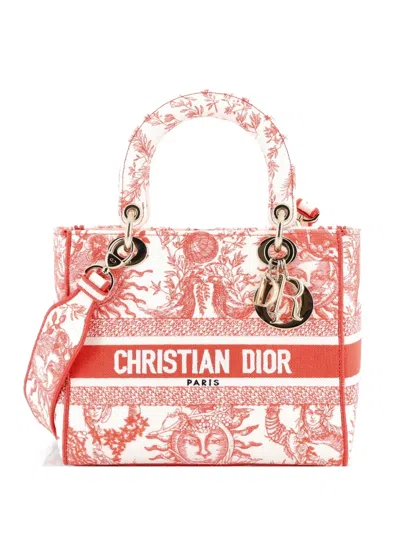 Pre-owned Dior Lady D-lite Bag Embroidered Canvas Medium Satchel In Red