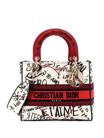 Pre-owned Dior Lady D-lite Bag Embroidered Canvas Medium Satchel In Red