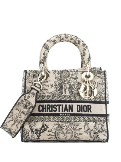 Pre-owned Dior Lady D-lite Bag Embroidered Canvas Medium Satchel In Black