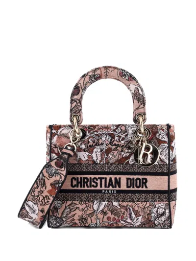Pre-owned Dior Lady D-lite Bag Embroidered Canvas Medium Satchel In Black