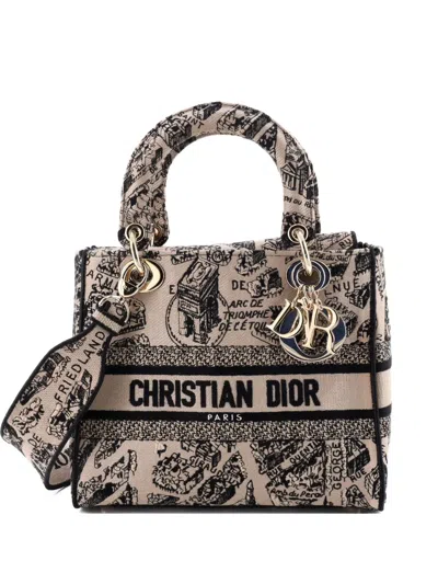 Pre-owned Dior Lady D-lite Bag Embroidered Canvas Medium Satchel In Black