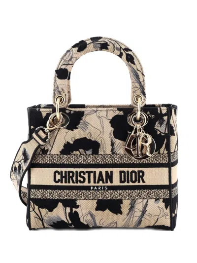 Pre-owned Dior Lady D-lite Bag Embroidered Canvas Medium Satchel In Black
