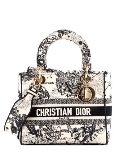 Pre-owned Dior Lady D-lite Bag Embroidered Canvas Medium Satchel In Black