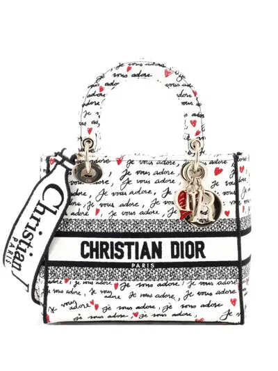 Pre-owned Dior Lady D-lite Bag Embroidered Canvas Medium Satchel In Black