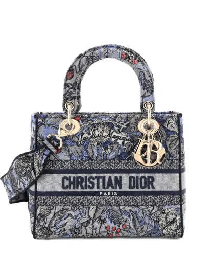 Pre-owned Dior Lady D-lite Bag Embroidered Canvas Medium Satchel In Blue