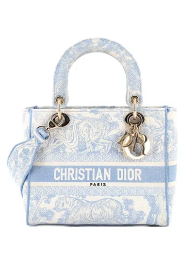 Pre-owned Dior Lady D-lite Bag Embroidered Canvas Medium Satchel In Blue