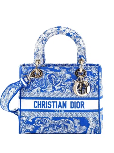 Pre-owned Dior Lady D-lite Bag Embroidered Canvas Medium Satchel In Blue