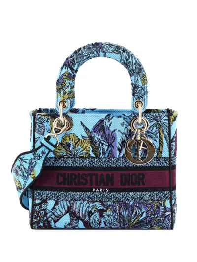 Pre-owned Dior Lady D-lite Bag Embroidered Canvas Medium Satchel In Blue