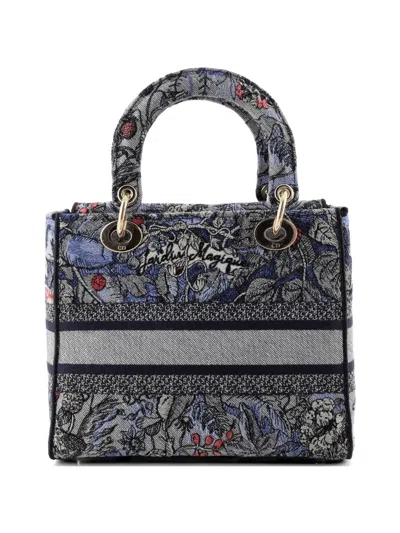 Pre-owned Dior Lady D-lite Bag Embroidered Canvas Medium Satchel In Blue