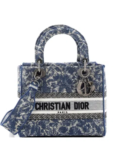 Pre-owned Dior Lady D-lite Bag Embroidered Canvas Medium Satchel In Blue