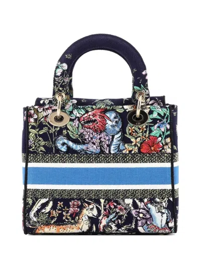 Pre-owned Dior Lady D-lite Bag Embroidered Canvas Medium Satchel In Blue