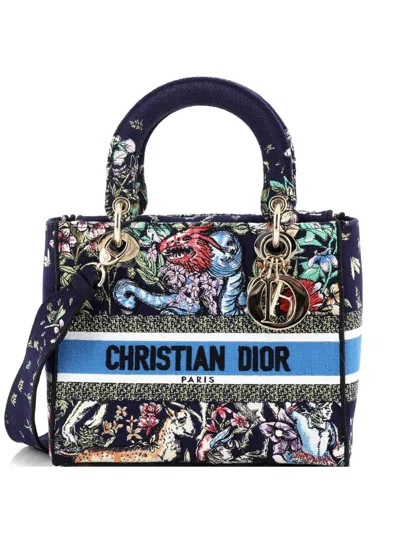 Pre-owned Dior Lady D-lite Bag Embroidered Canvas Medium Satchel In Blue