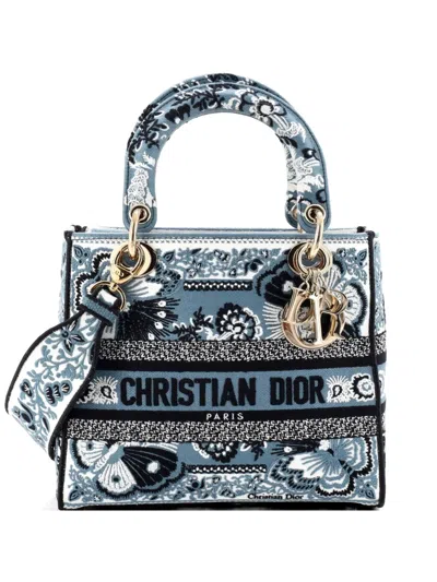 Pre-owned Dior Lady D-lite Bag Embroidered Canvas Medium Satchel In Blue