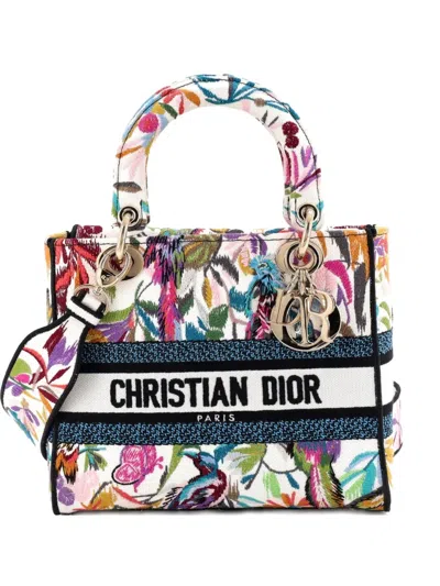 Pre-owned Dior Lady D-lite Bag Embroidered Canvas Medium Satchel In Multi