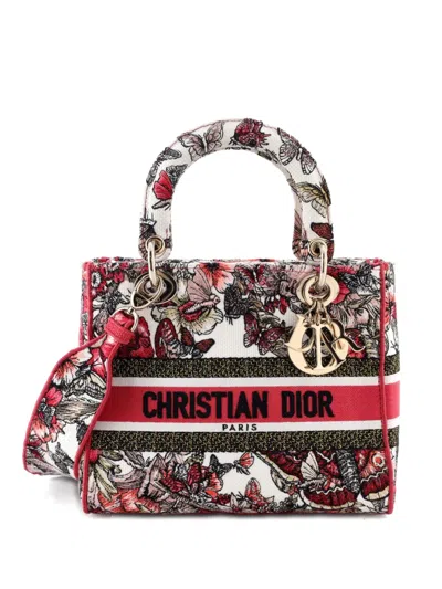 Pre-owned Dior Lady D-lite Bag Embroidered Canvas Medium Satchel In Multi