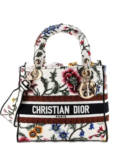 Pre-owned Dior Lady D-lite Bag Embroidered Canvas Medium Satchel In Multi