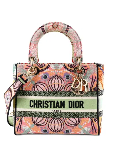 Pre-owned Dior Lady D-lite Bag Embroidered Canvas Medium Satchel In Multi