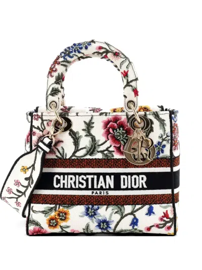 Pre-owned Dior Lady D-lite Bag Embroidered Canvas Medium Satchel In Multi