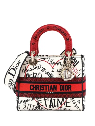 Pre-owned Dior Lady D-lite Bag Embroidered Canvas Medium Satchel In Neutral