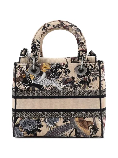 Pre-owned Dior Lady D-lite Bag Embroidered Canvas Medium Satchel In Neutral
