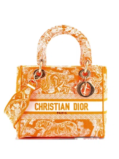 Pre-owned Dior Lady D-lite Bag Embroidered Canvas Medium Satchel In Orange