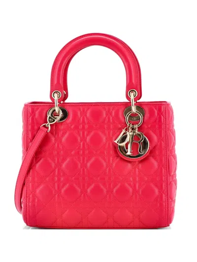 Pre-owned Dior Lady D-lite Bag Embroidered Canvas Medium Satchel In Pink