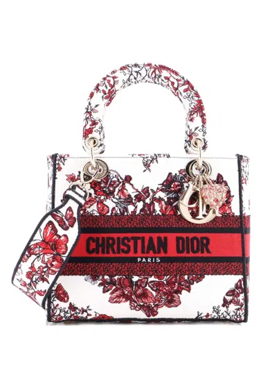 Pre-owned Dior Lady D-lite Bag Embroidered Canvas Medium Satchel In White