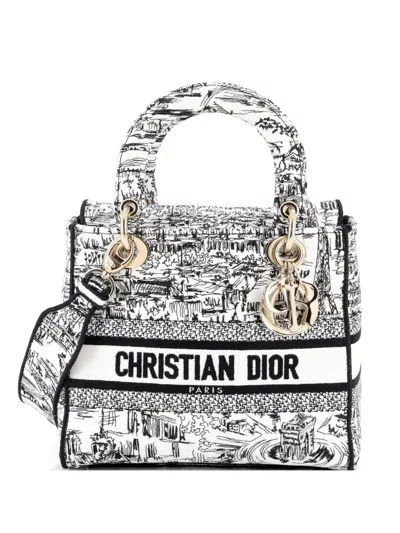 Pre-owned Dior Lady D-lite Bag Embroidered Canvas Medium Satchel In White