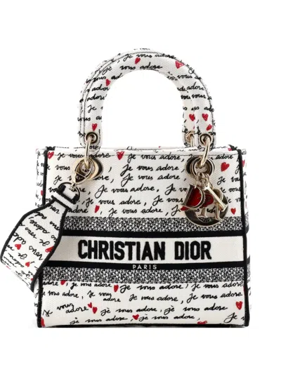 Pre-owned Dior Lady D-lite Bag Embroidered Canvas Medium Satchel In White